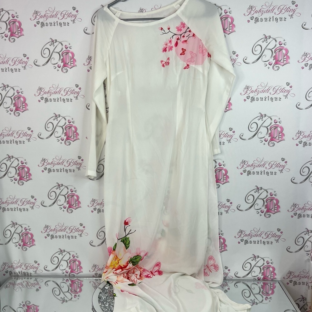 Dress maxi long sheer flowers cherry blossom 🌸 Floral White Long Sleeve Dress